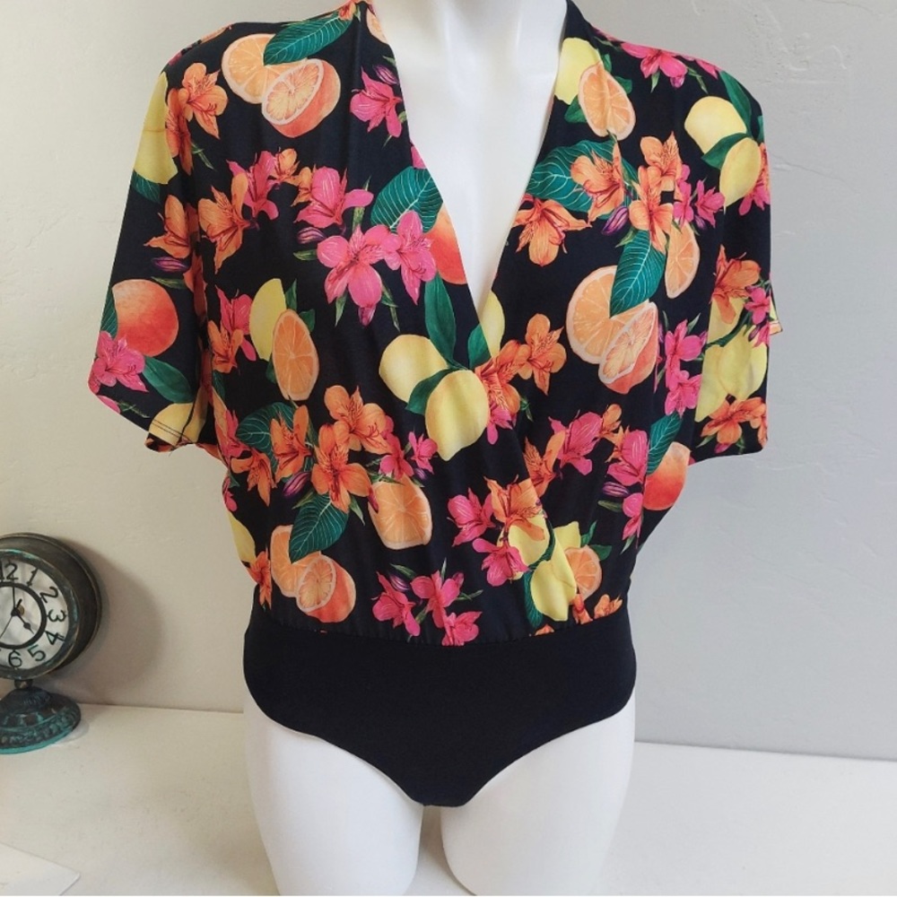 Asos Tropical Floral Fruit Bodysuit Crisscross Bright Colors Women's